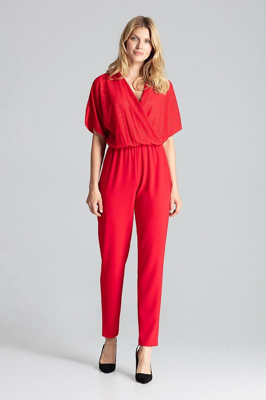 Figl Red Elegant Women's Jumpsuit - Brocade Top with Short Sleeves and Elastic Waist for Comfort and Style by Figl