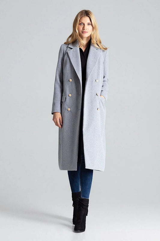 Figl Women's Classic Grey Double-Breasted Coat Model 138305 - With Gold Buttons and Front Pockets For Everyday Elegance by Figl