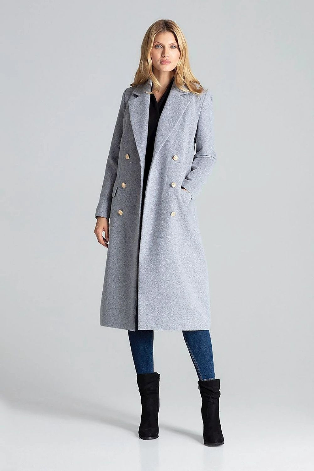 Figl Women's Classic Grey Double-Breasted Coat Model 138305 - With Gold Buttons and Front Pockets For Everyday Elegance by Figl