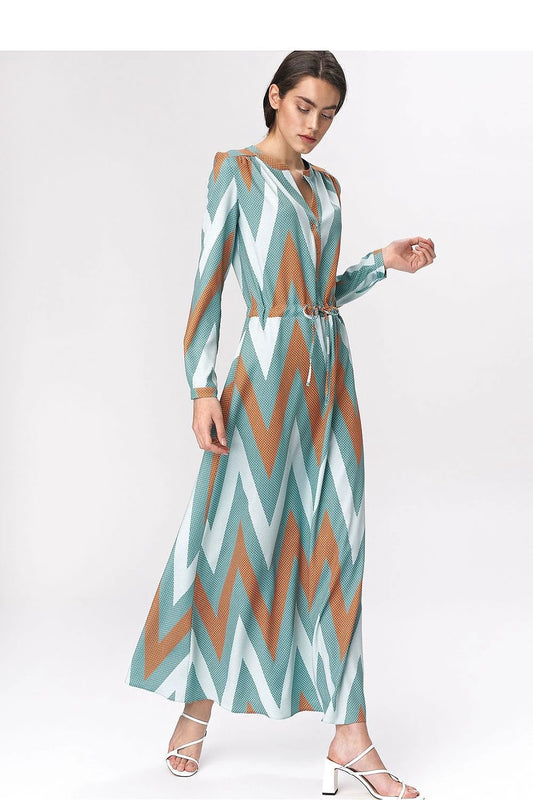 Nife Daydress Model 140882 - Turquoise Zigzag Print Maxi Dress for Feminine Boho and Office Wear by Nife