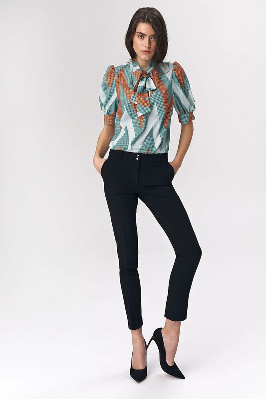 Nife Turquoise Blouse Model 141291 - Zigzag Print, Tie Neckline and Bustier Sleeves for Feminine Office Look by Nife