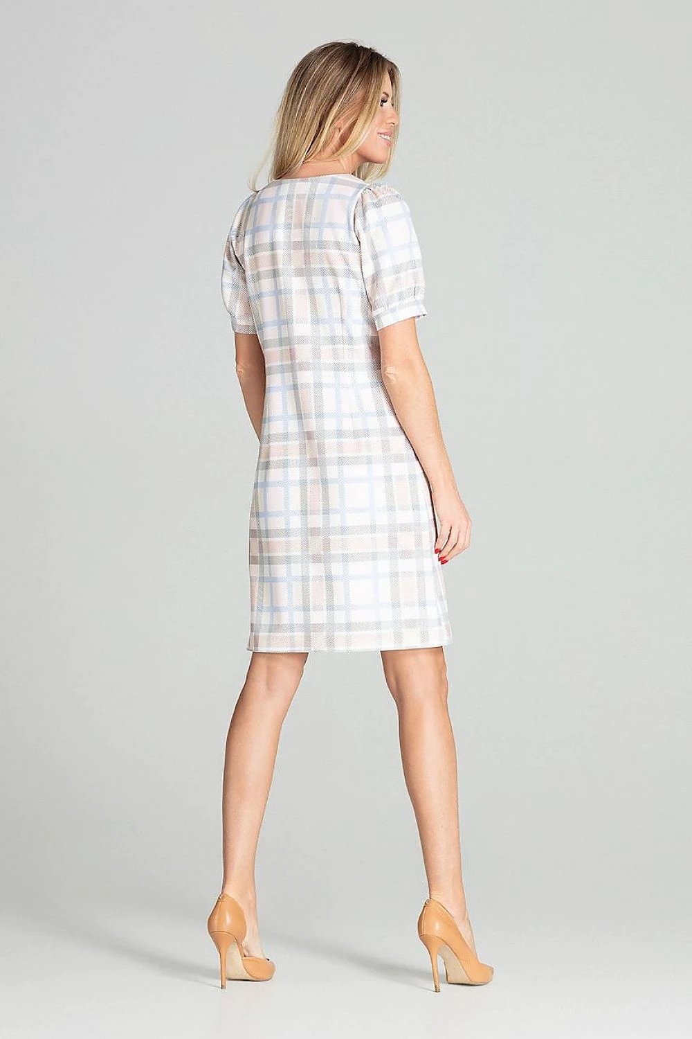 Figl Daydress Model 141728 - Blue Checkered Midi Dress with Slightly Waisted Fit, Square Neckline and Short Sleeves by Figl