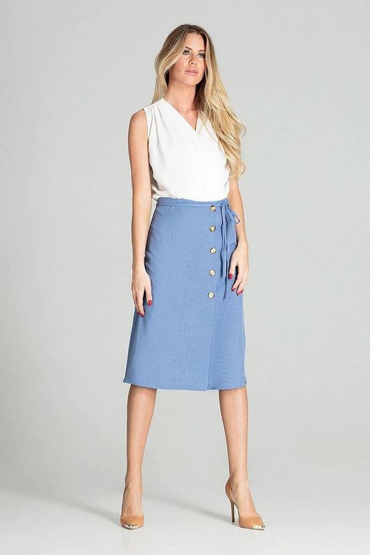Figl Women's Stylish Blue Midi Skirt - 100 Percent Polyester With Front Overlap, Decorative Buttons And Tie Belt by Figl