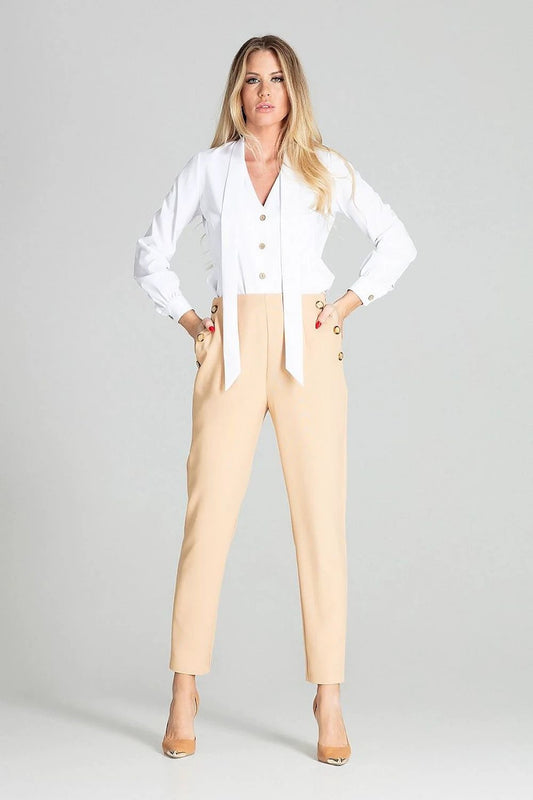 Figl Beige High Rise Trousers - Slightly Tapered Legs with Decorative Pockets and 100% Polyester by Figl