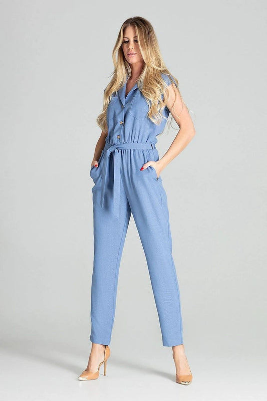 Figl Women's Blue Jumpsuit - Dropped Shoulders, Sleeveless with Button Front and Pockets by Figl