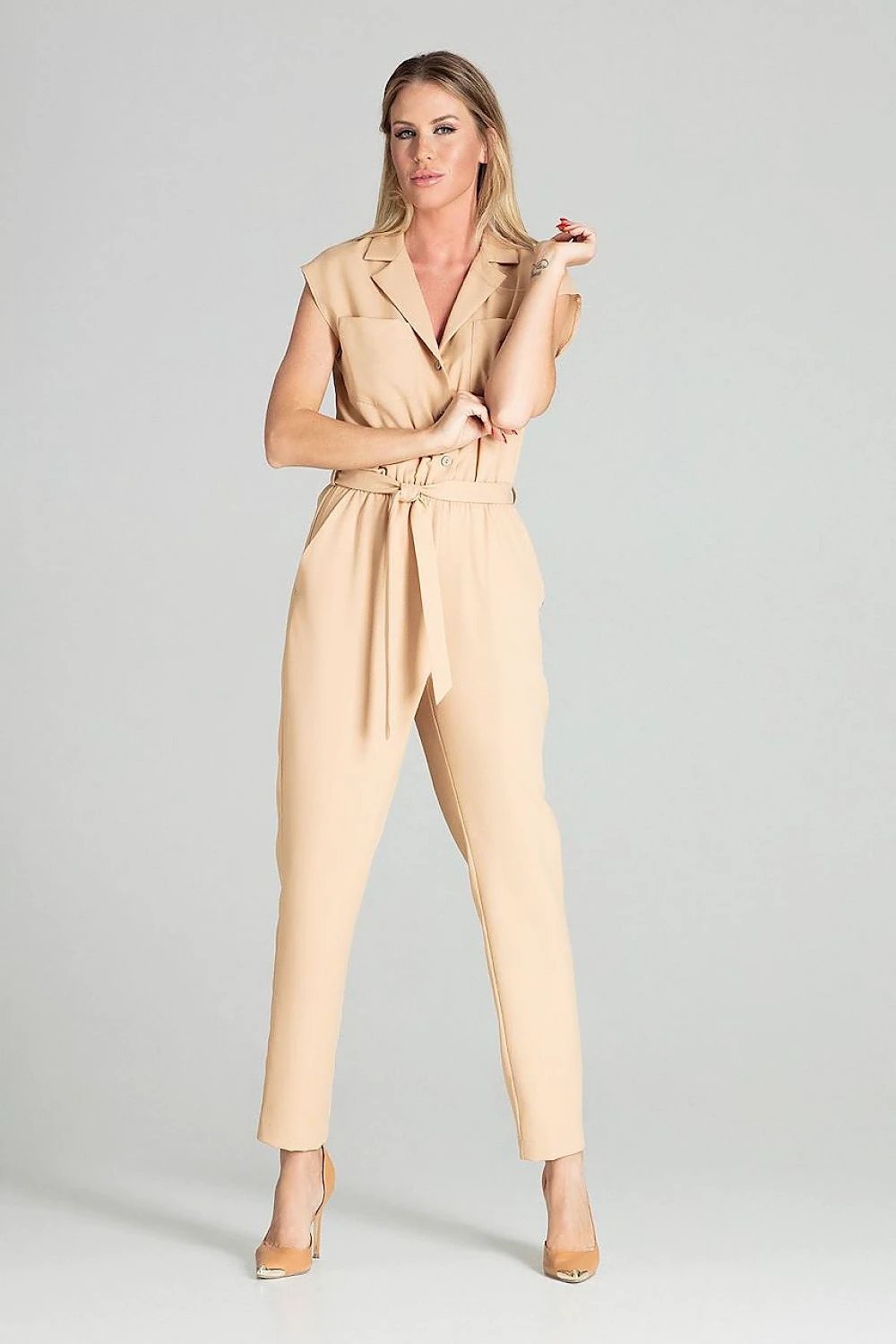 Figl Women's Blue Jumpsuit - Dropped Shoulders, Sleeveless with Button Front and Pockets by Figl