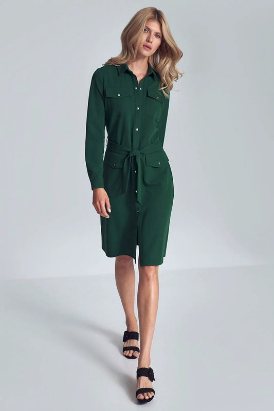 Figl Daydress Model 147926 - Green Midi Shirt Dress with Long Sleeves and Pockets by Figl