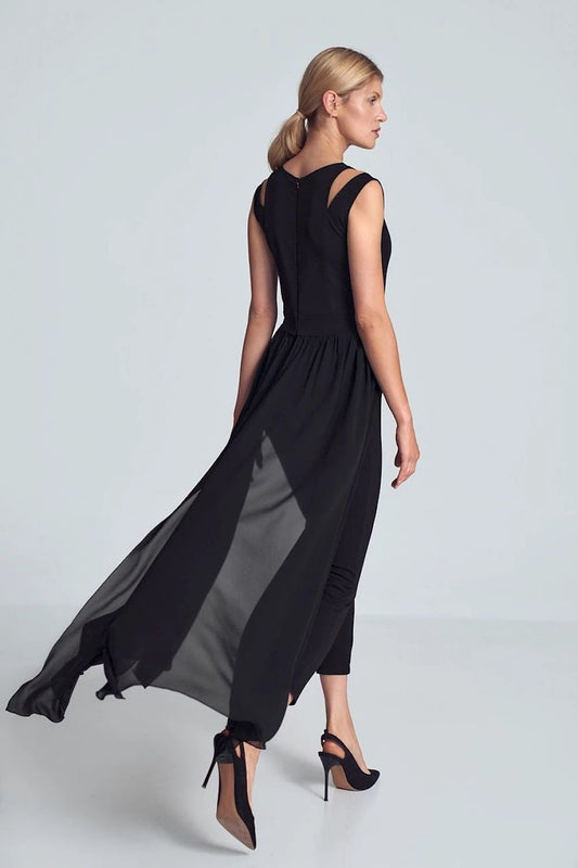 Figl Women's Black Jumpsuit - Long Chiffon Skirt with Back Slit and Sleeveless Design for Elegant Occasions by Figl