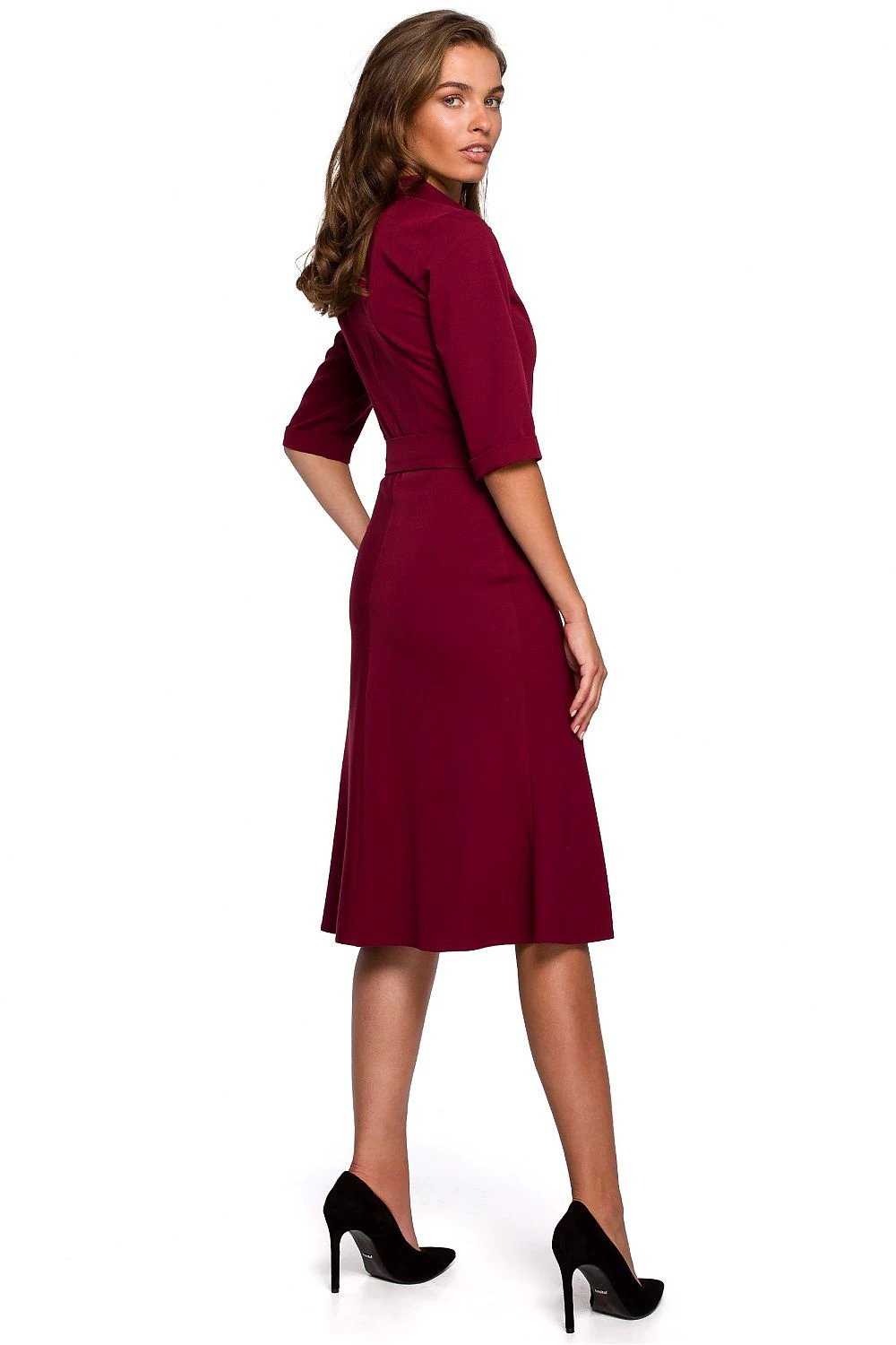 Stylove Daydress Model 149263 - Elegant Smooth Fabric Dress With Belted Waist And Zipper Neckline by Stylove