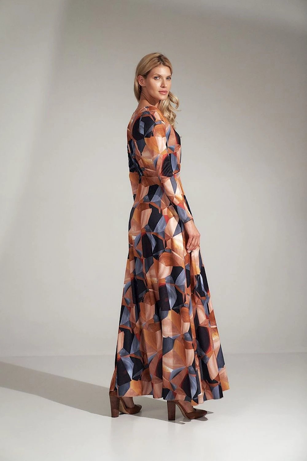 Figl Daydress Model 150437 - Long Flared Geometric Dress with Heart Neckline and Elastic Waist by Figl