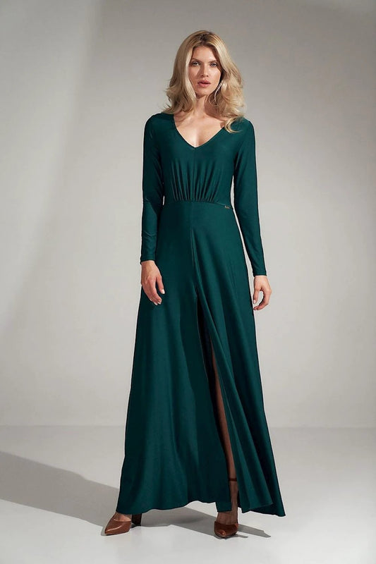Figl Elegant Green Long Dress - Flared V-Neck Design with Elastic Waist and Stretch Fabric for Comfort by Figl