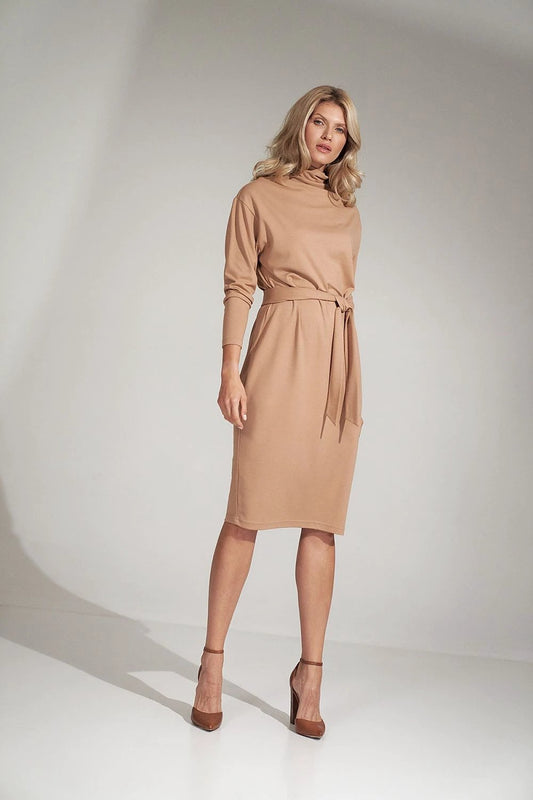 Figl Daydress Model 150442 - Beige Midi Dress with Turtleneck, Kimono Sleeves and Elastic Fabric by Figl