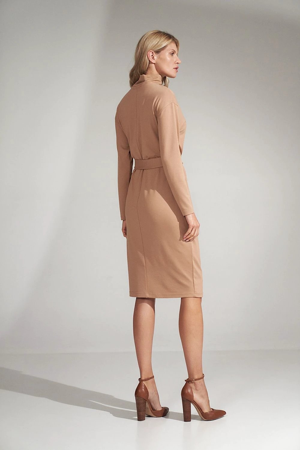 Figl Daydress Model 150442 - Beige Midi Dress with Turtleneck, Kimono Sleeves and Elastic Fabric by Figl