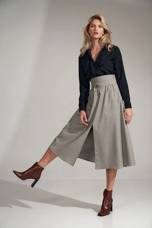 Figl Long Flared Pleated Plaid Skirt - Wide High Waist, Front Slit, and Comfortable Fit for Women by Figl
