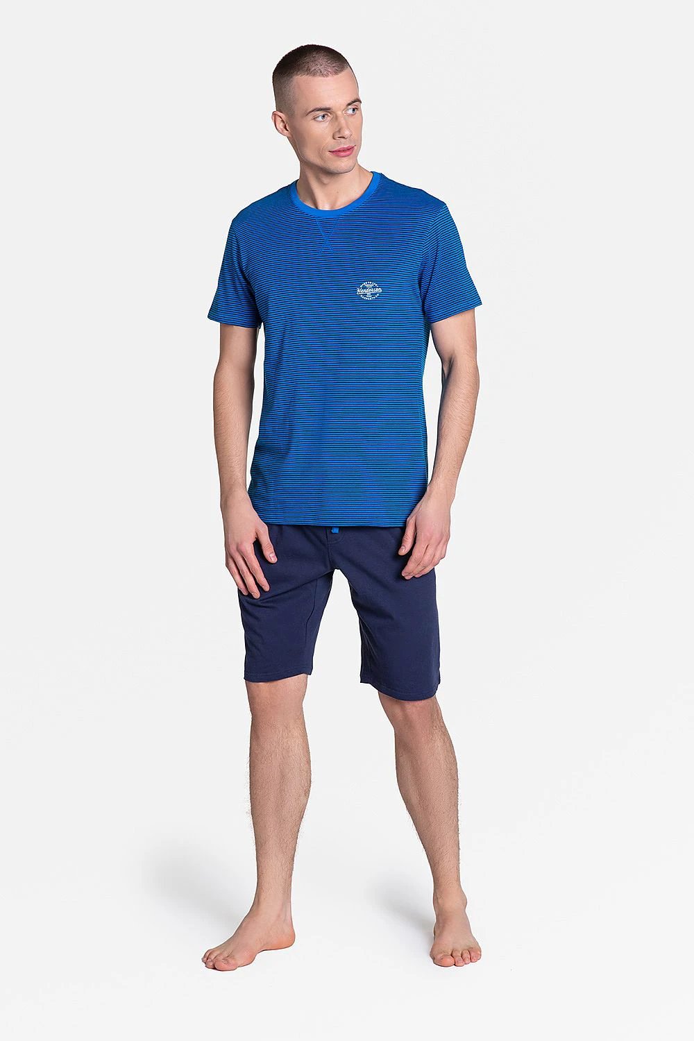 Henderson Drake - Comfortable Men's Blue Striped Pyjamas with Short Sleeves and Knee-Length Shorts by Henderson