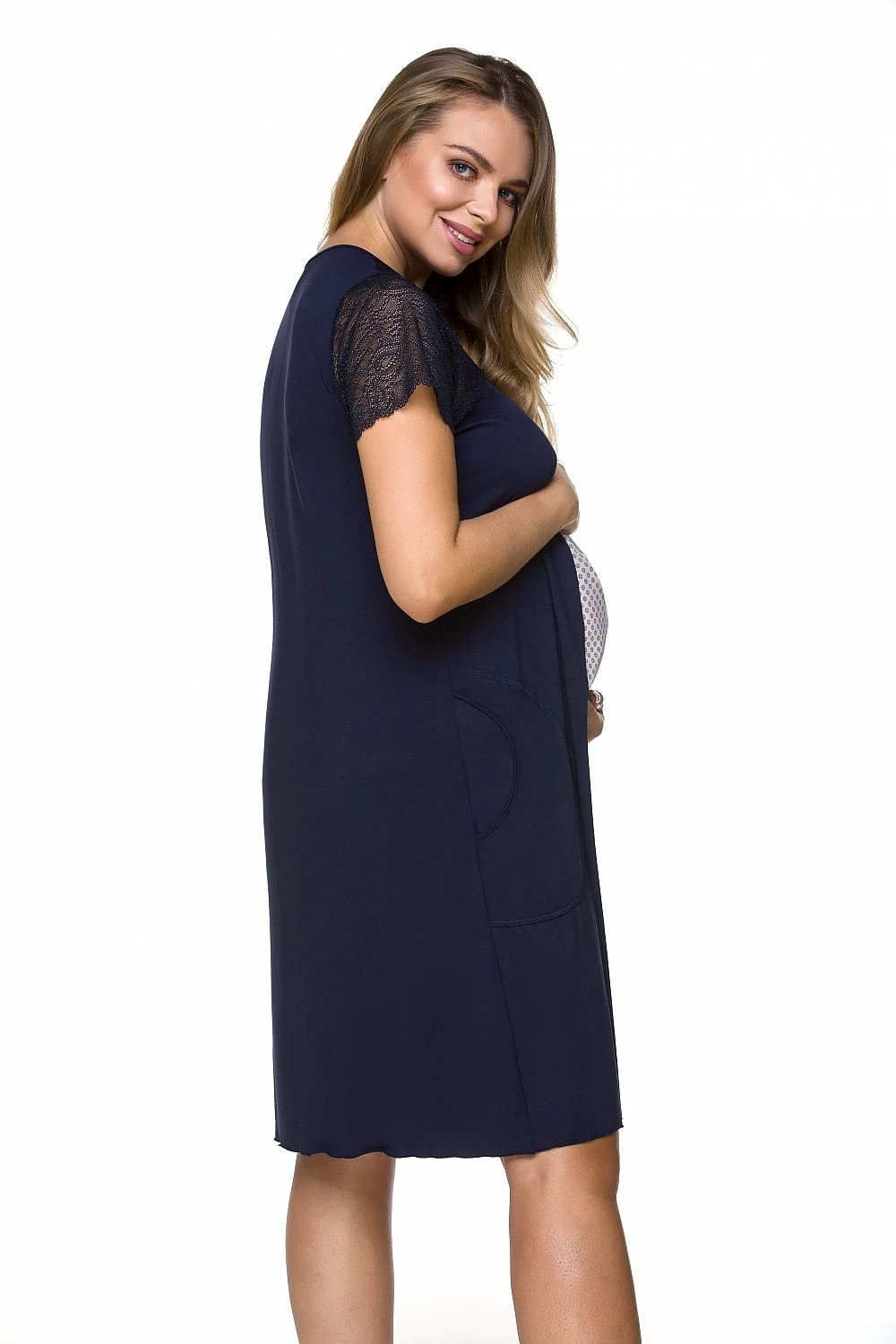 Lace-Sleeve Maternity Nightshirt – Navy