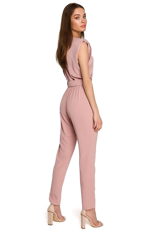 Stylove Suit Model 154093 - Stylish Comfortable Overalls with Shiny Fabric, Loose Sleeveless Top, Shoulder Pads, Tapered Legs, and Belted Waist by Stylove