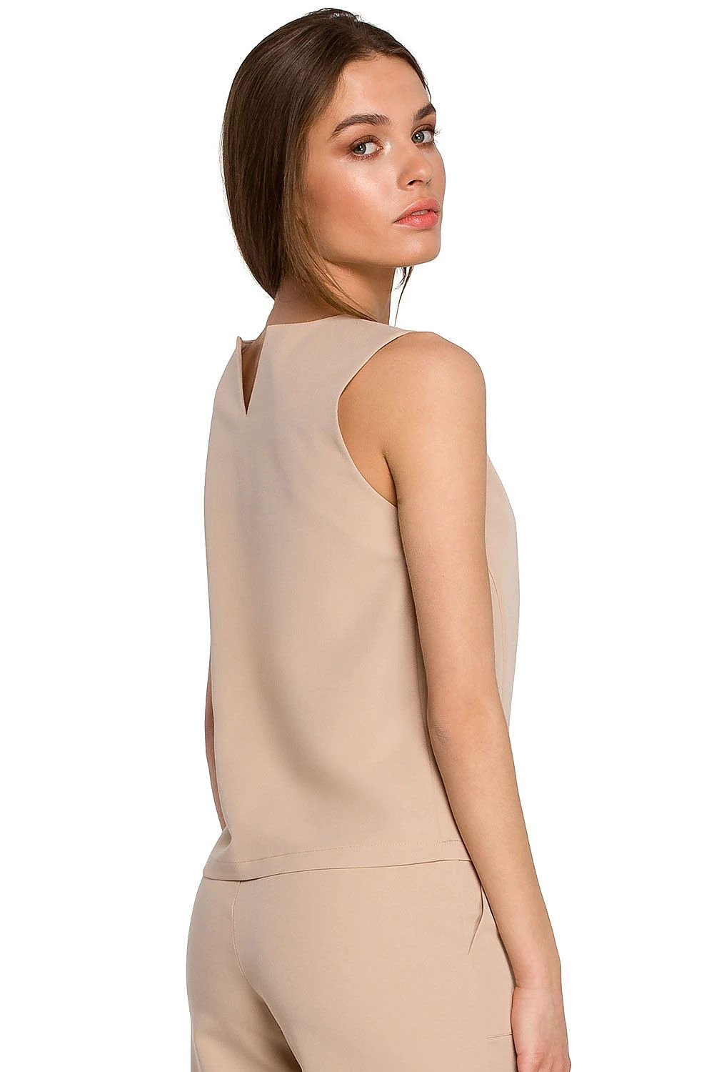 Stylove Short Sleeveless Blouse for Women - Trapeze Cut with Delicate Back Neckline and Covered Zipper by Stylove