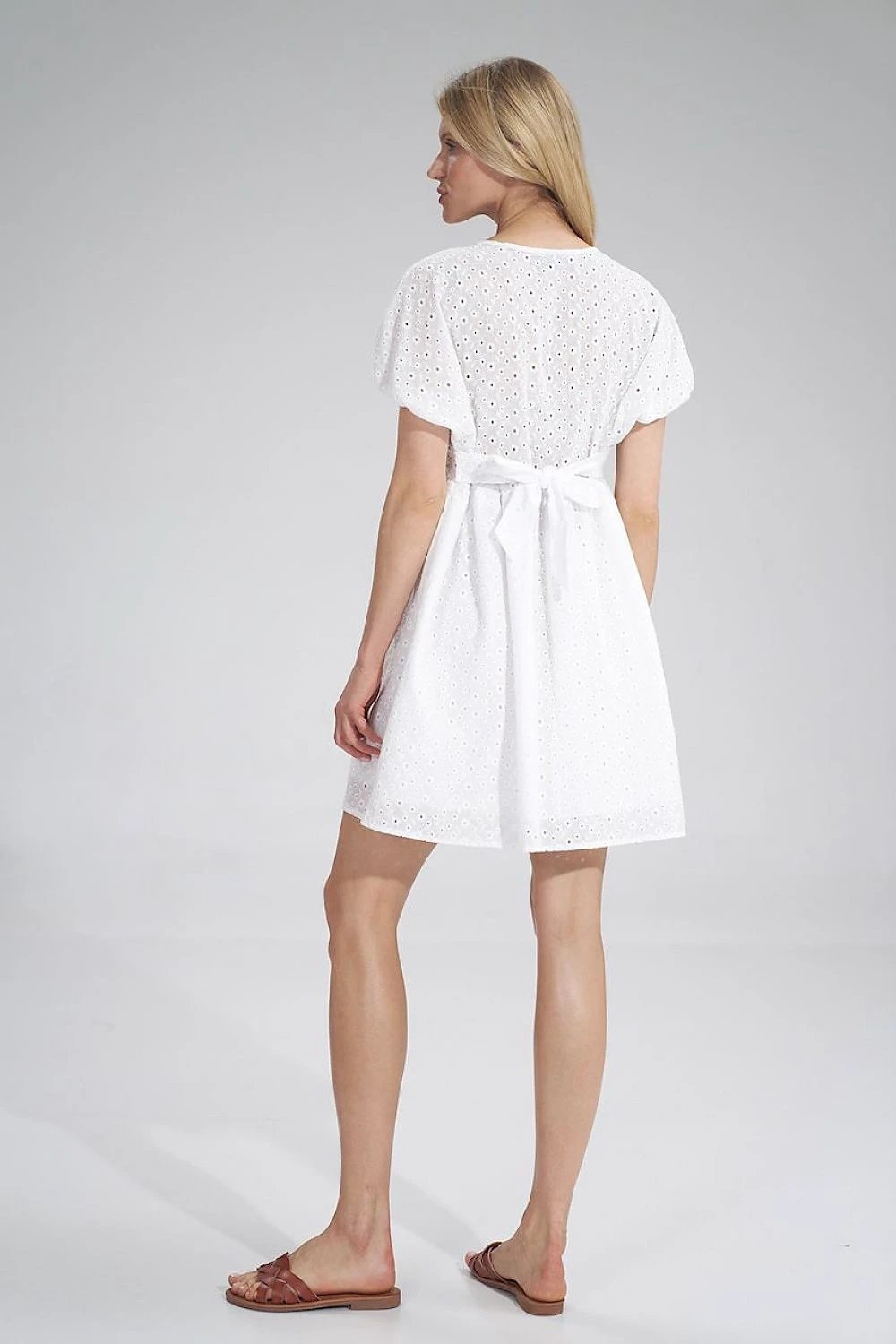 Figl Daydress Model 154663 - Embroidered Cotton Mini Dress with Short Sleeves and Heart Neckline by Figl