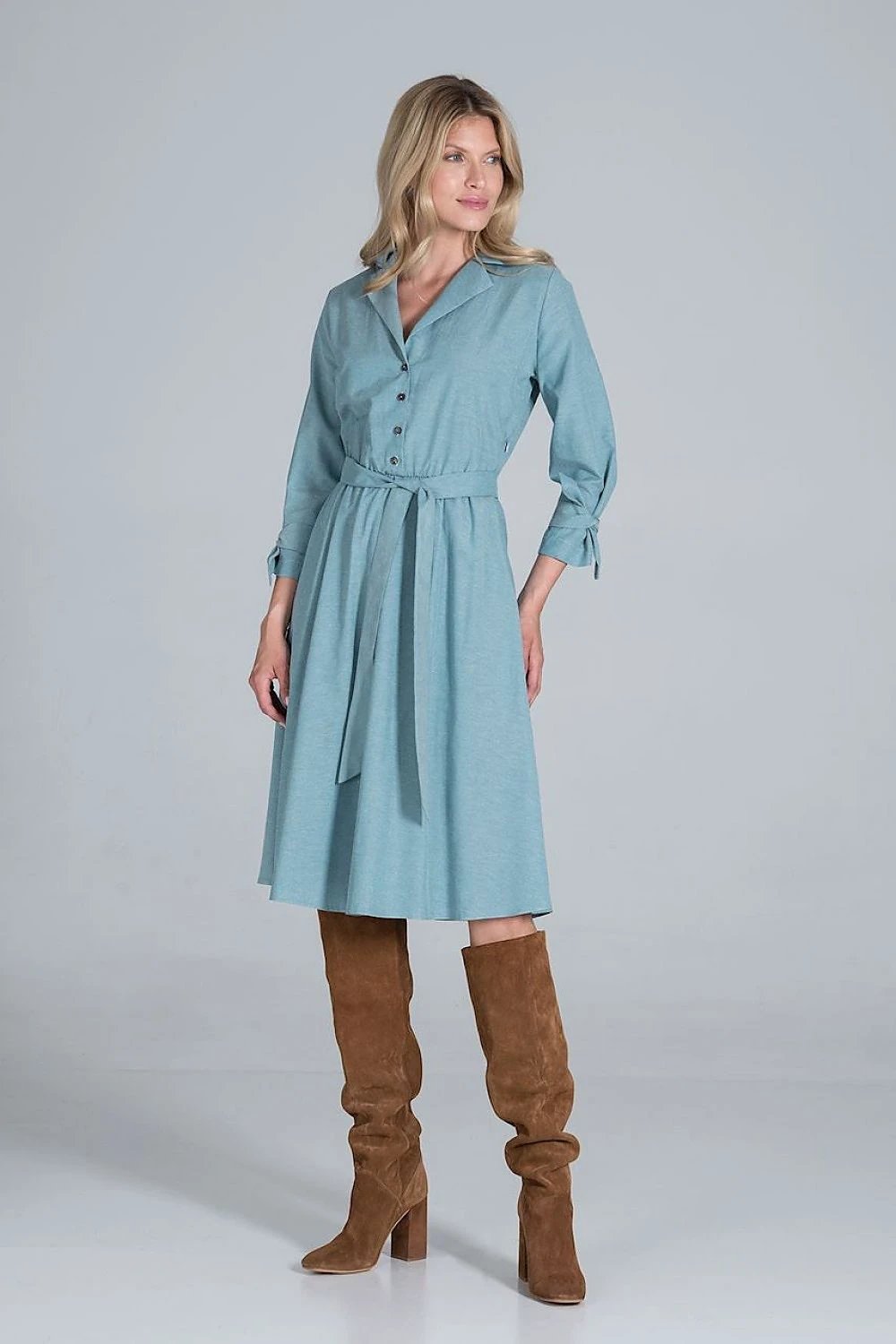 Figl Daydress Model 157457 - Flared Midi Dress with V-Neck, Elastic Waist and 7/8 Sleeves by Figl