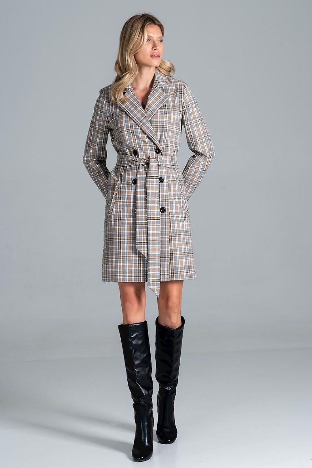 Figl Model 157487 Knee-Length Autumn Coat - Stylish 6-Button Design with Belt and Lined Pockets by Figl