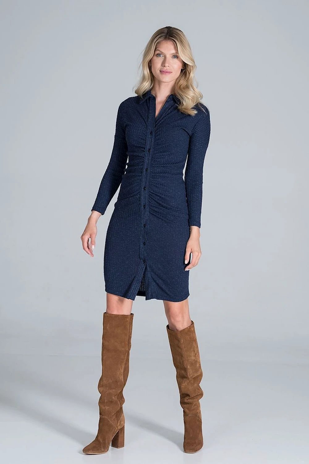 Figl Elegant Women's Midi Daydress - Flowing Ribbed Knit Fabric, Long Sleeves, Collar and Pleated Front Design by Figl