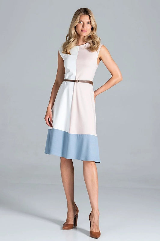 Figl Daydress Model 157555 - Elegant Tri-Color Sleeveless Midi Dress with Round Neckline and Back Zip Fastening by Figl