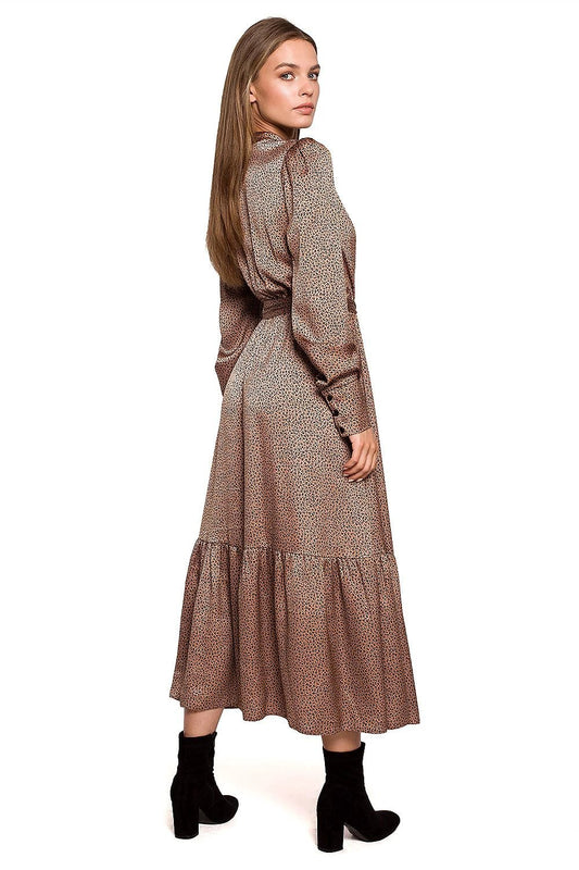 Stylove Women's Leopard Print Maxi Dress - Elegant, Comfortable Autumn Wear with Ruffle and Stand-Up Collar by Stylove