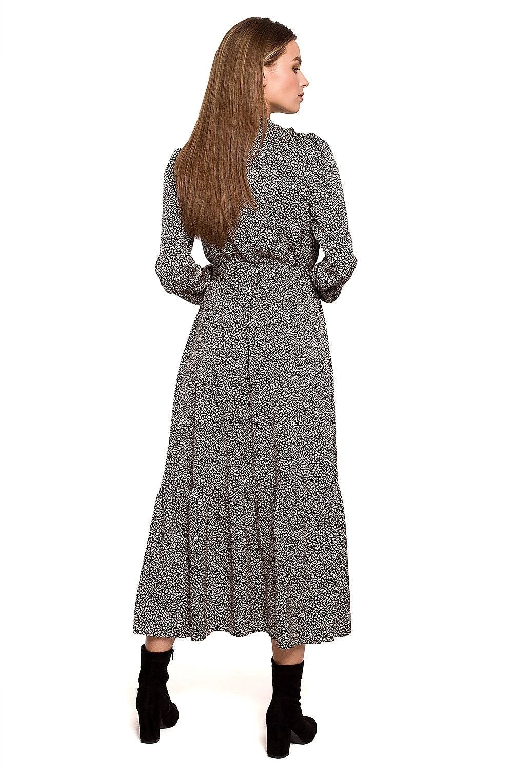 Stylove Women's Leopard Print Maxi Dress - Elegant, Comfortable Autumn Wear with Ruffle and Stand-Up Collar by Stylove