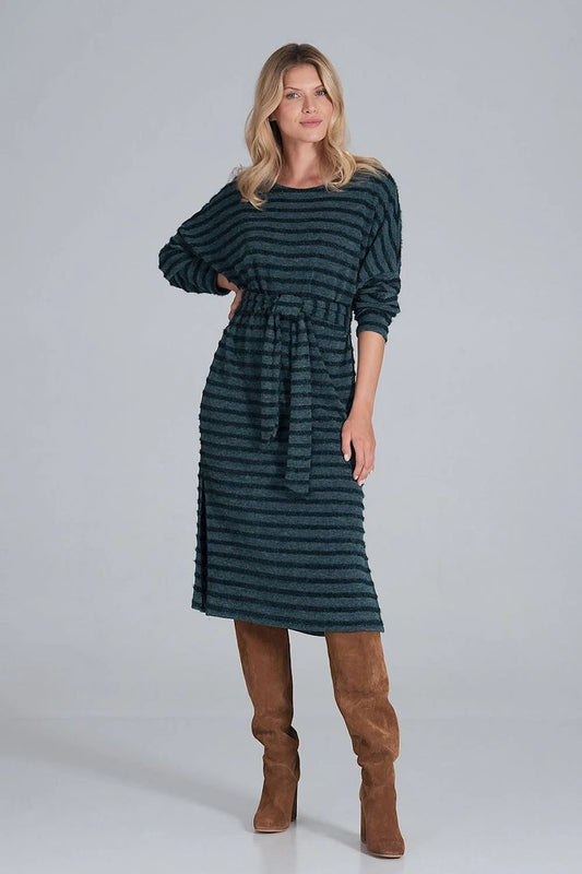 Figl Daydress Model 160979 - Stylish Women's Warm Winter Midi Dress With Long Sleeves, Waist Tie And Side Slits by Figl