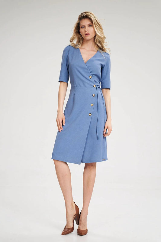 Women's Figl Daydress Model 141733 - Stylish Blue Envelope Midi Dress with Short Ruffled Sleeves and Tied Waist by Figl