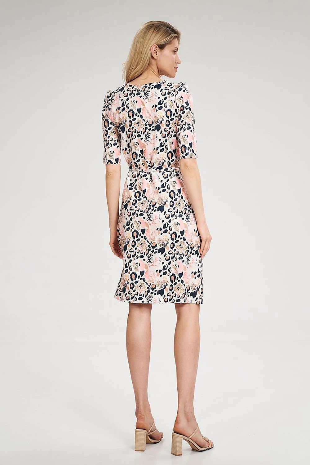 Women's Figl Daydress Model 141733 - Stylish Blue Envelope Midi Dress with Short Ruffled Sleeves and Tied Waist by Figl