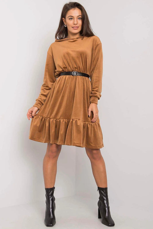 Daydress Model 162046 Fancy - Loose Fit Velour Dress With Long Sleeves, Hood, Ruffle Hem And Belt, Cotton Blend For Versatile Occasions by Fancy