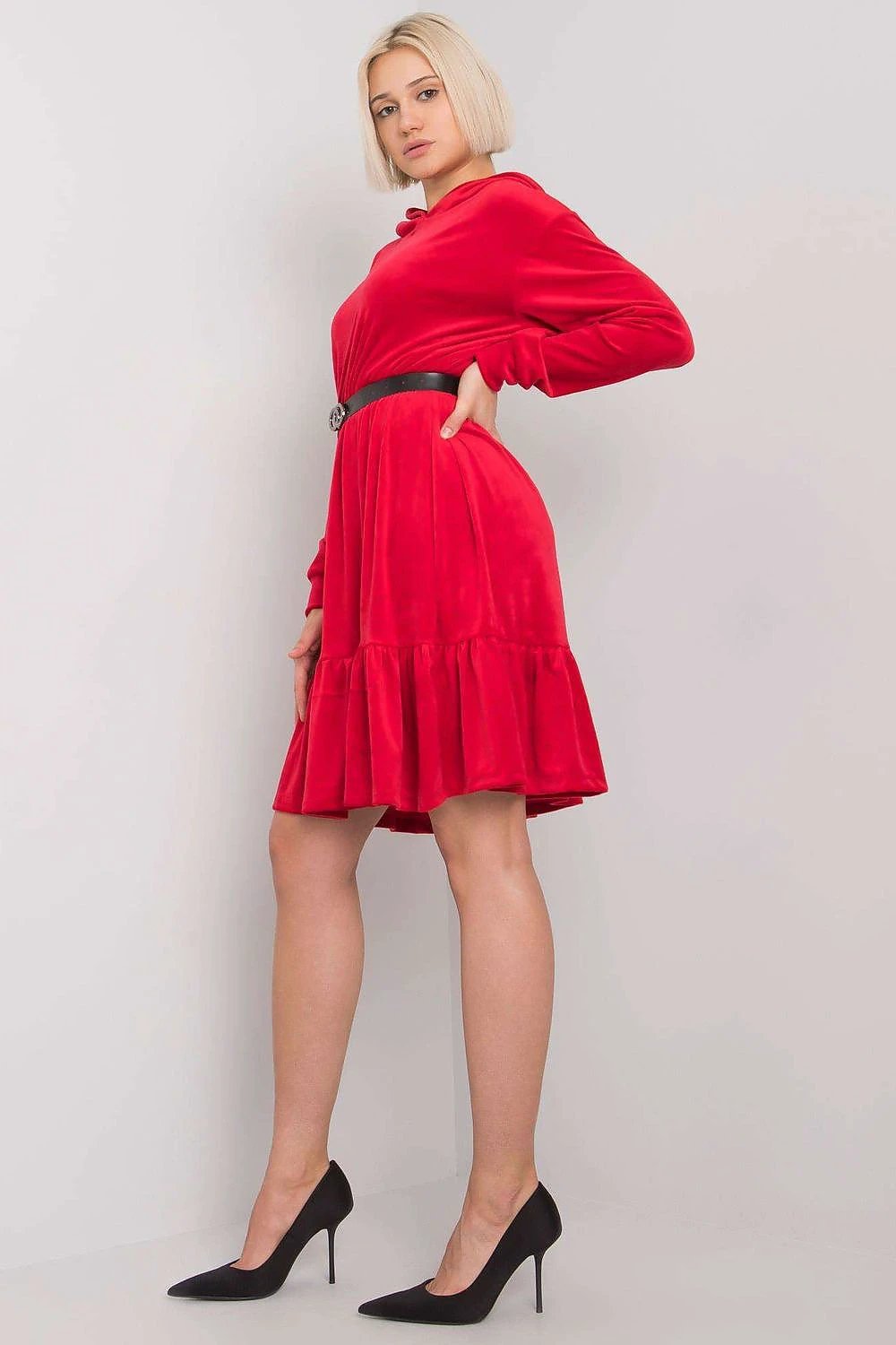 Daydress Model 162046 Fancy - Loose Fit Velour Dress With Long Sleeves, Hood, Ruffle Hem And Belt, Cotton Blend For Versatile Occasions by Fancy