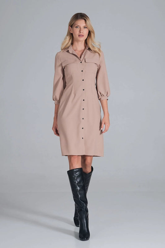 Figl Daydress Model 162387 - Stylish Midi Shirt Dress with Collar, Pockets and 3/4 Sleeves by Figl
