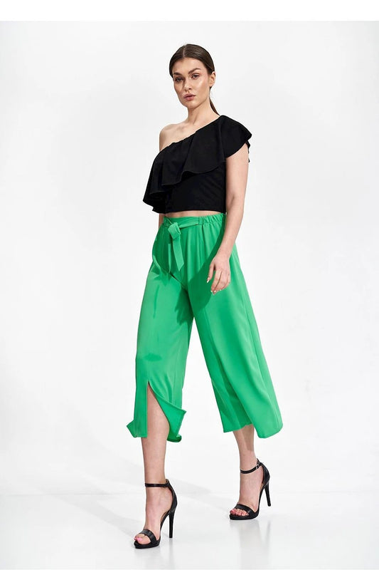 Figl Women's 7/8 Bell-Bottom Trousers - Comfortable Elastic Waistband with Decorative Slit Design by Figl