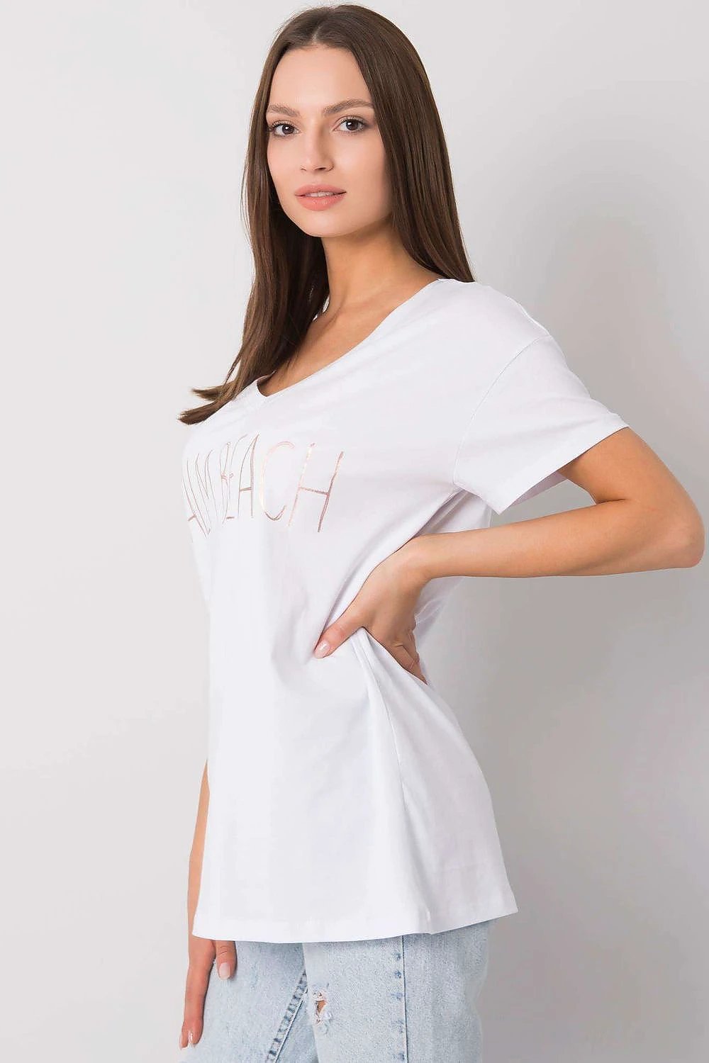 Fancy Women's Short-Sleeved V-Neck T-Shirt - 100% Cotton Comfort with Stylish Decorative Design by Fancy