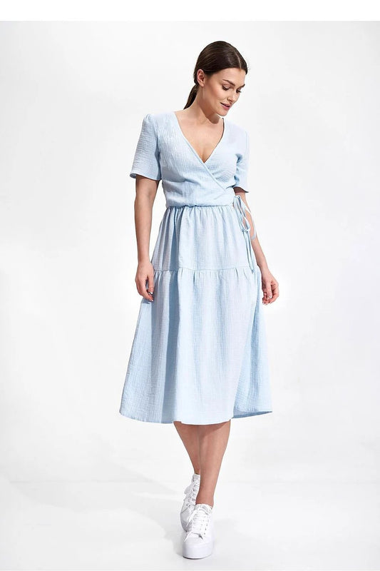 Figl Daydress - Comfortable 100 Percent Cotton Summer Midi Dress with Short Sleeves, Flared Cut and Envelope Neckline by Figl