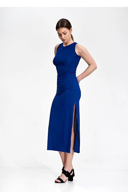 Figl Daydress - Fitted Stretch Midi Dress with Deep Tied Back Neckline and Side Slit by Figl