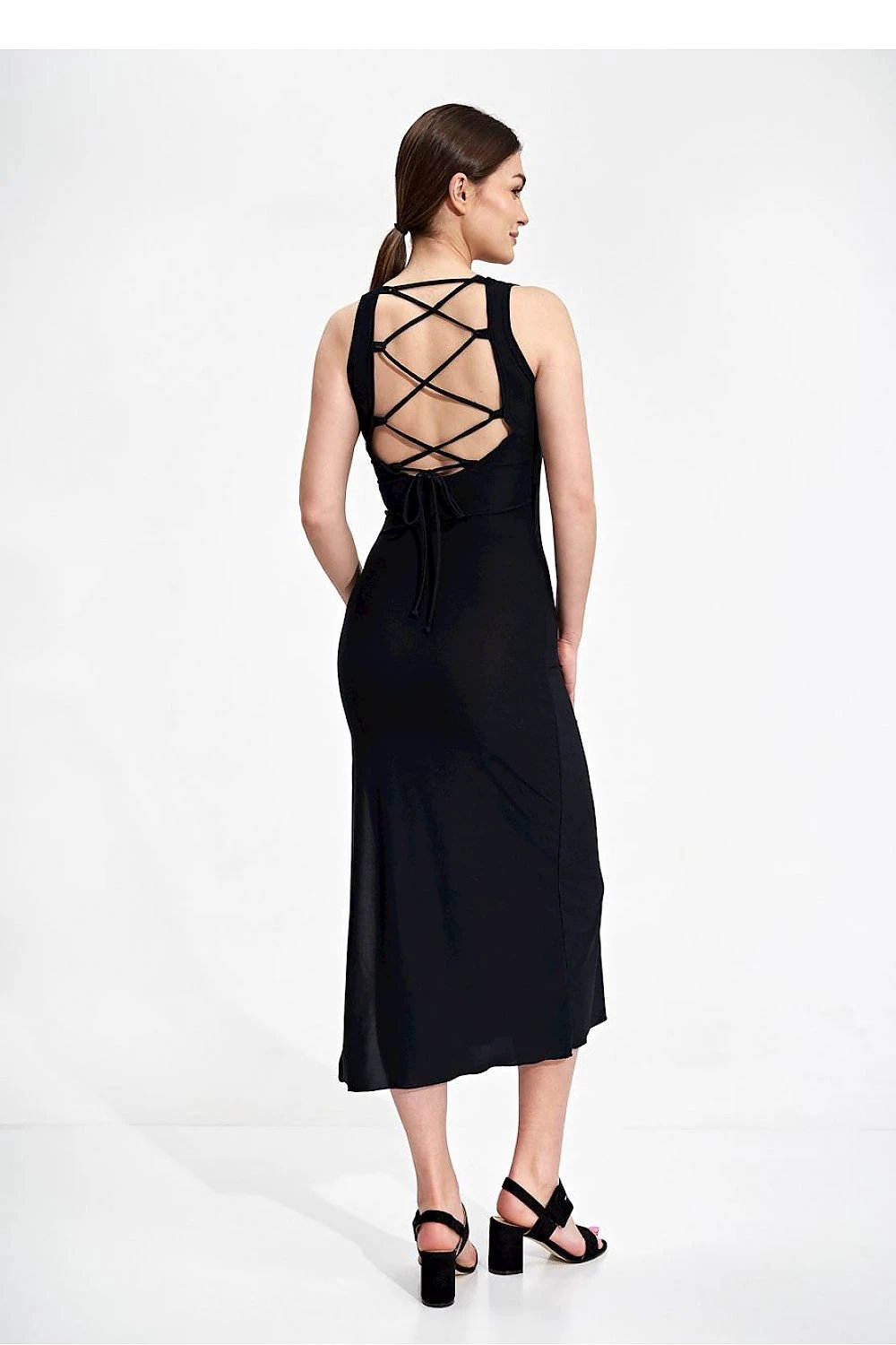 Figl Daydress - Fitted Stretch Midi Dress with Deep Tied Back Neckline and Side Slit by Figl