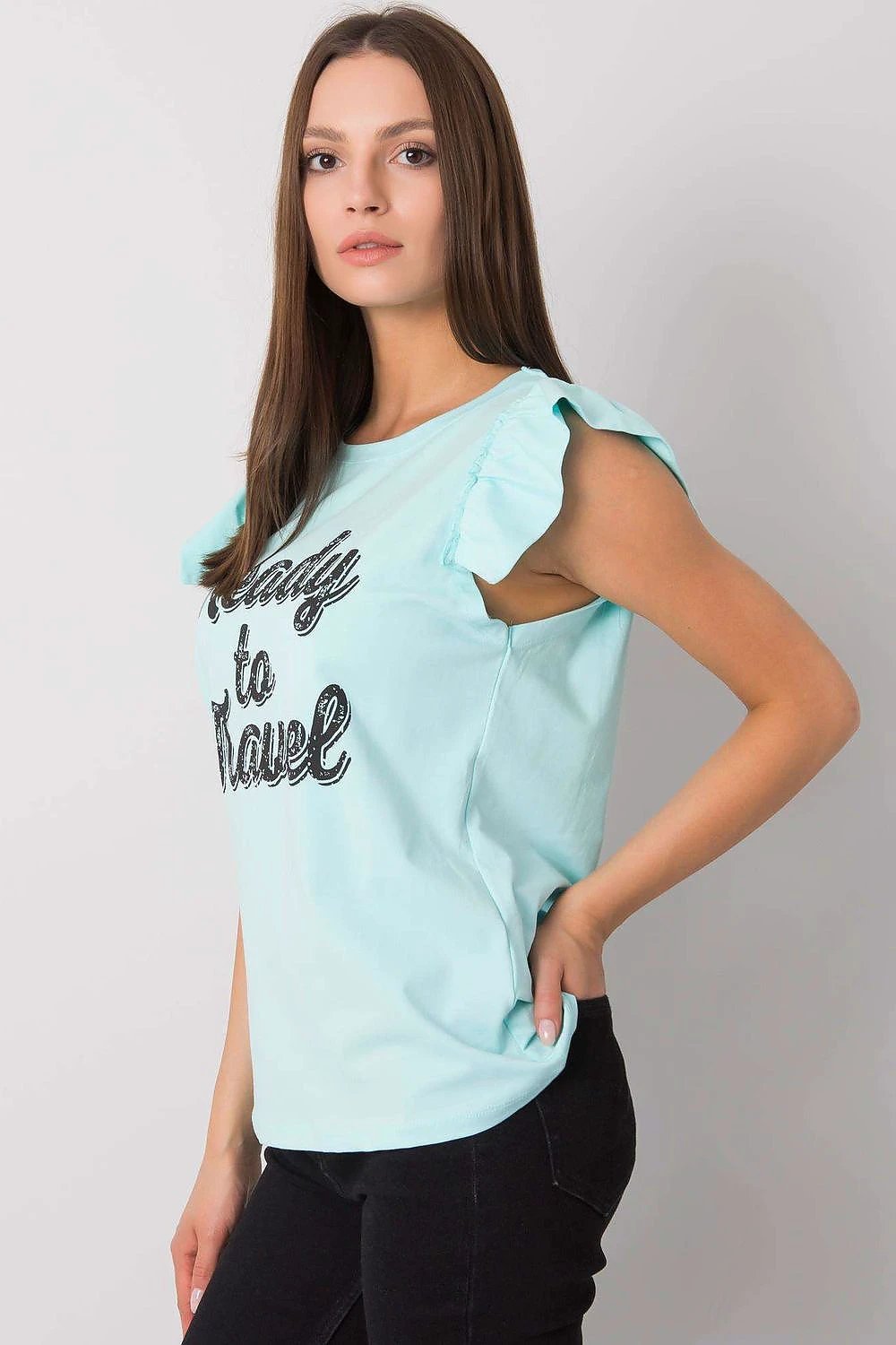 Fancy Women's Blouse - Stylish Short Frill Sleeves, Round Neckline, Decorative Front Inscription, 95% Cotton Blend by Fancy