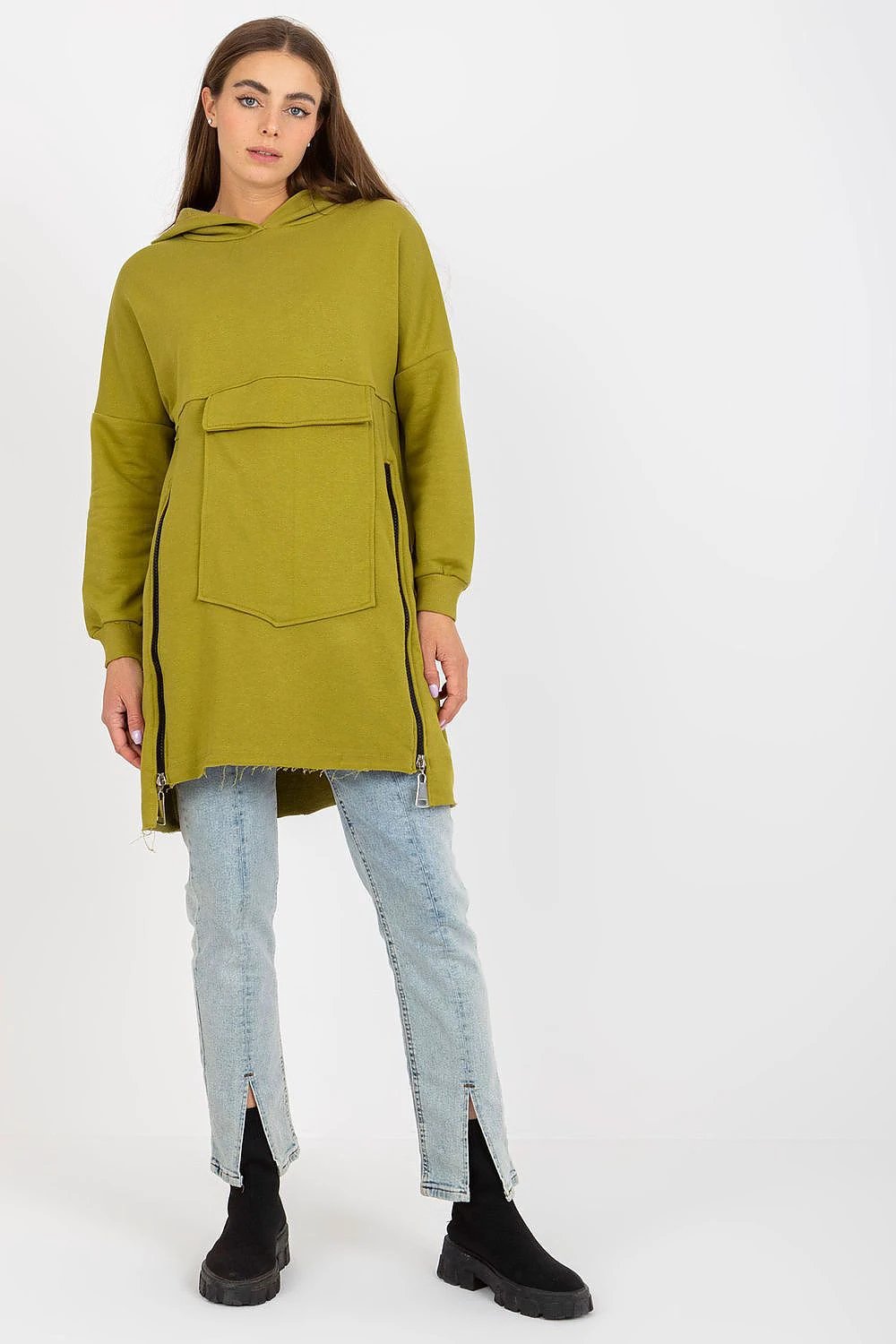 Fancy Brand Extended Cut Hooded Sweatshirt - 100% Cotton with Decorative Zippers and Front Pocket by Fancy