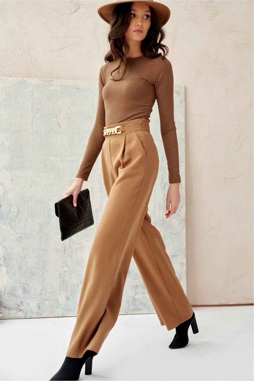 Roco Fashion Beige Women Trousers - Breathable High-Rise Wide Leg with Decorative Chain by Roco Fashion