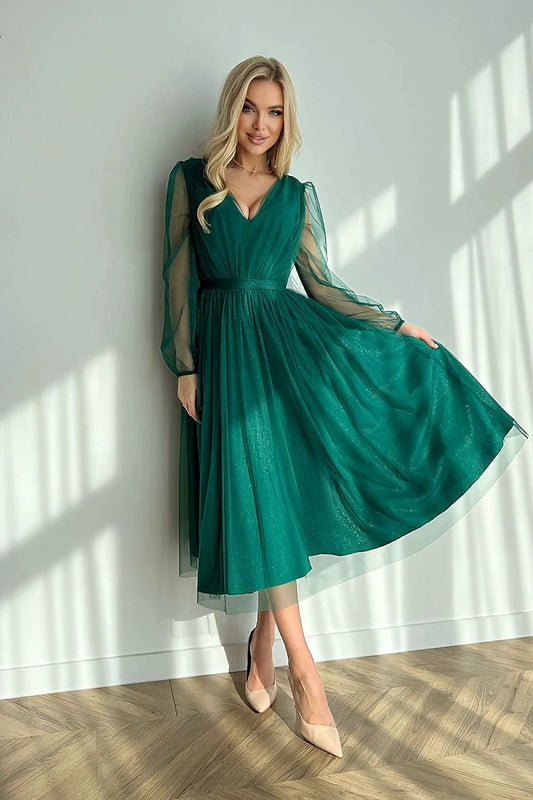 Bicotone Evening Dress - Midi Length with Flared Layered Skirt, Brocade Mesh, and Elastic Long Sleeves by Bicotone