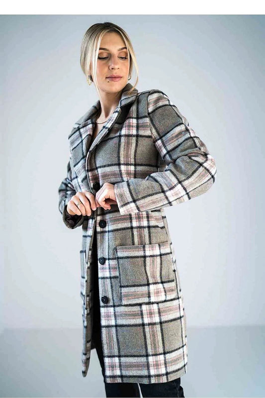Figl Knee-Length Checked Coat - Stylish Design with Button Closure, Lining, and Pockets for Comfort and Versatility by Figl