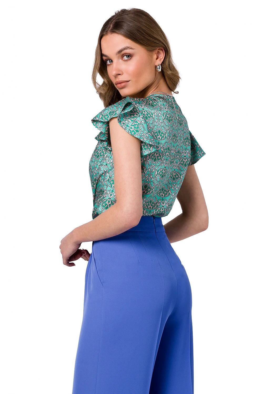 Stylove Women's Printed Satin Blouse with V Neck Ruffle Sleeves - Comfortable 100 Percent Polyester Elegance by Stylove