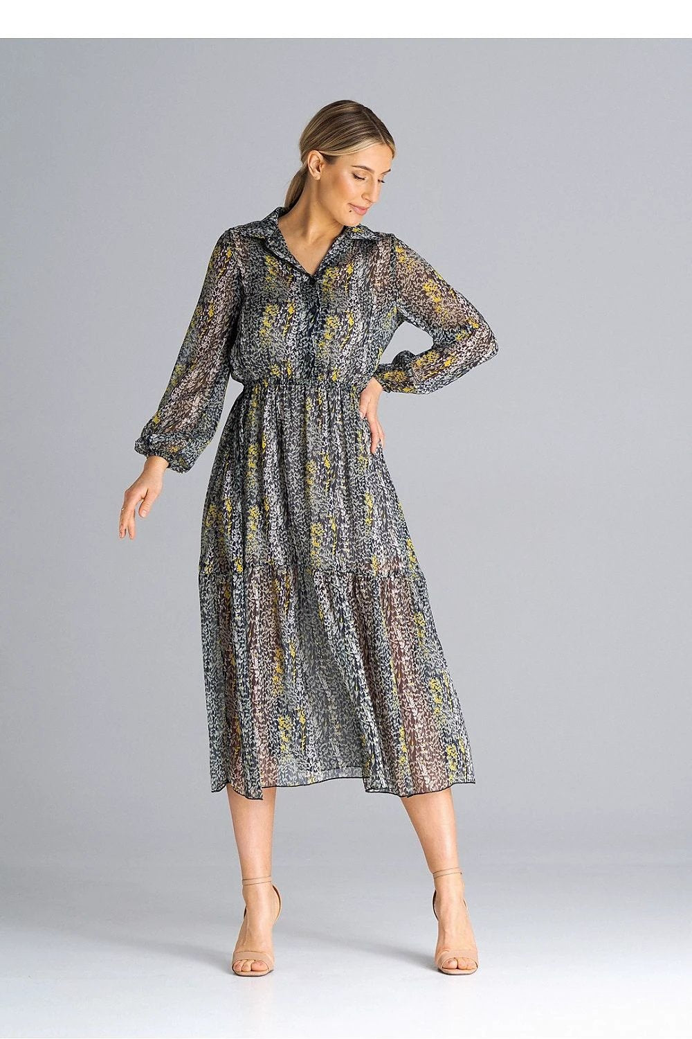 Figl Daydress - Women's Flared Midi Length Dress With Long Sleeves, Collar And Ruffle Hem by Figl