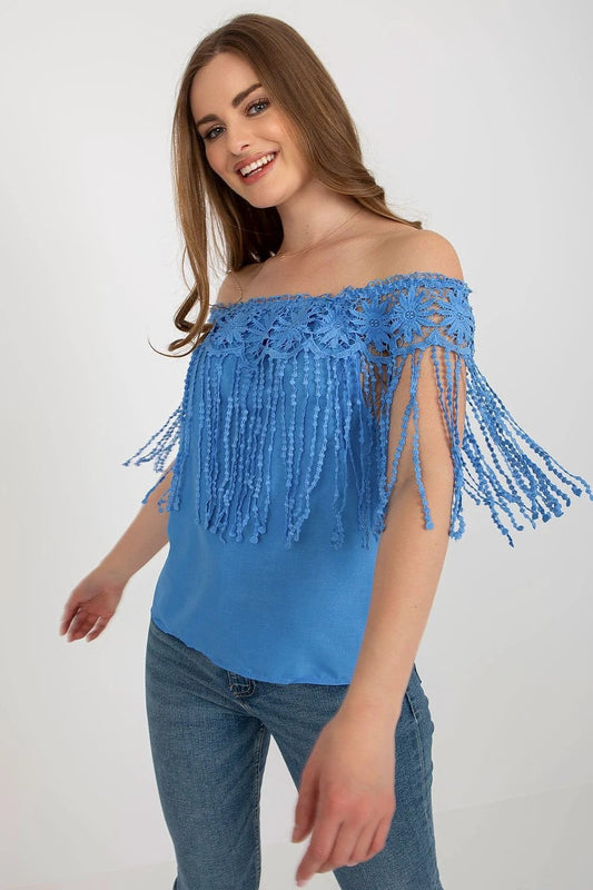 Summer Blouse Spanish Neckline Lace Tassels Cotton Blend by AT