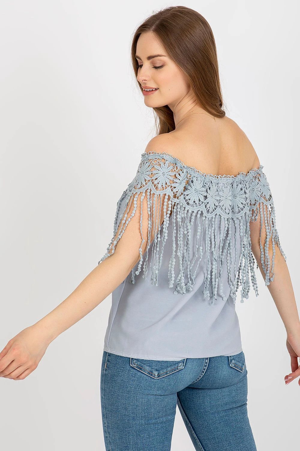 Summer Blouse Spanish Neckline Lace Tassels Cotton Blend by AT