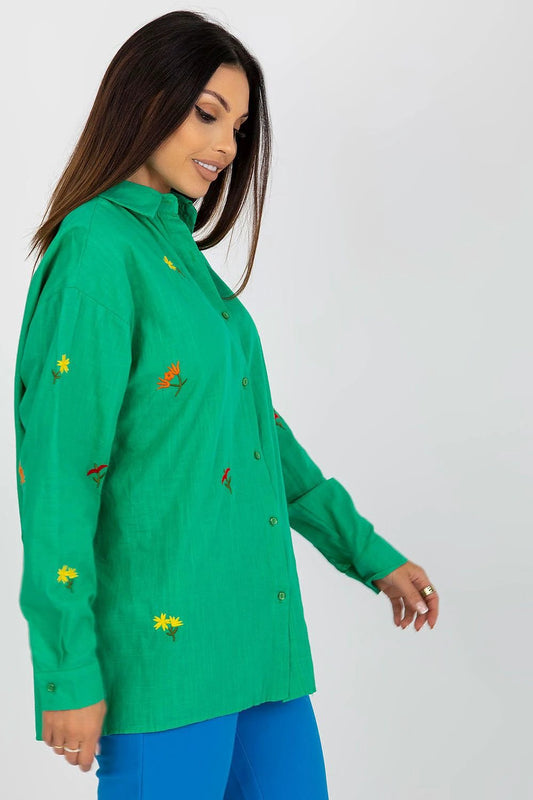 Factory Women's Embroidered Long Sleeve Buttoned Shirt - Colorful Flowers, Loose Fit, Cotton Blend by Factory Price